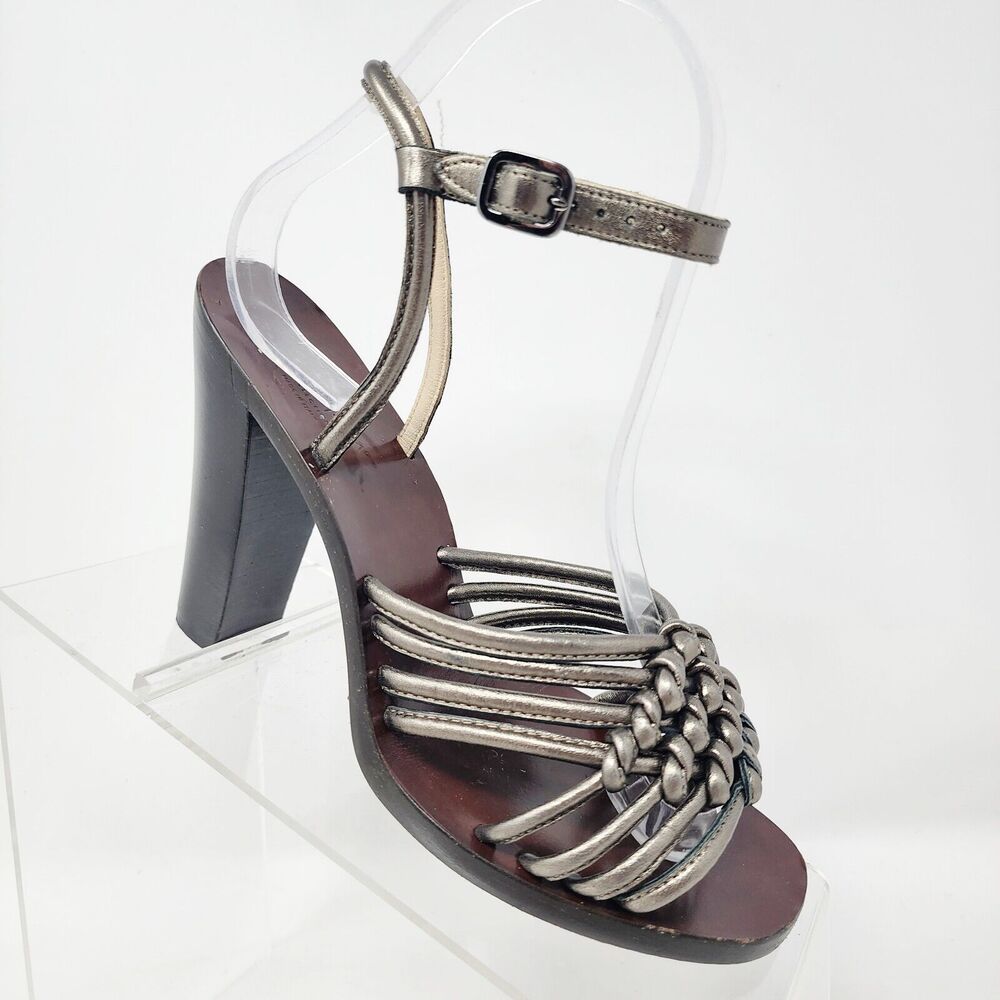 Cole Haan Pewter Silver Strappy Knotted Leather Womens Heels Size 6.5 Wood Sexy